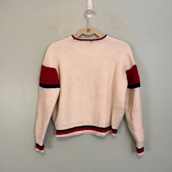 Maje Sweater Womens 2 Cream Red Black Striped Pullover Knitted Jumper Wool Blend - Picture 2 of 8